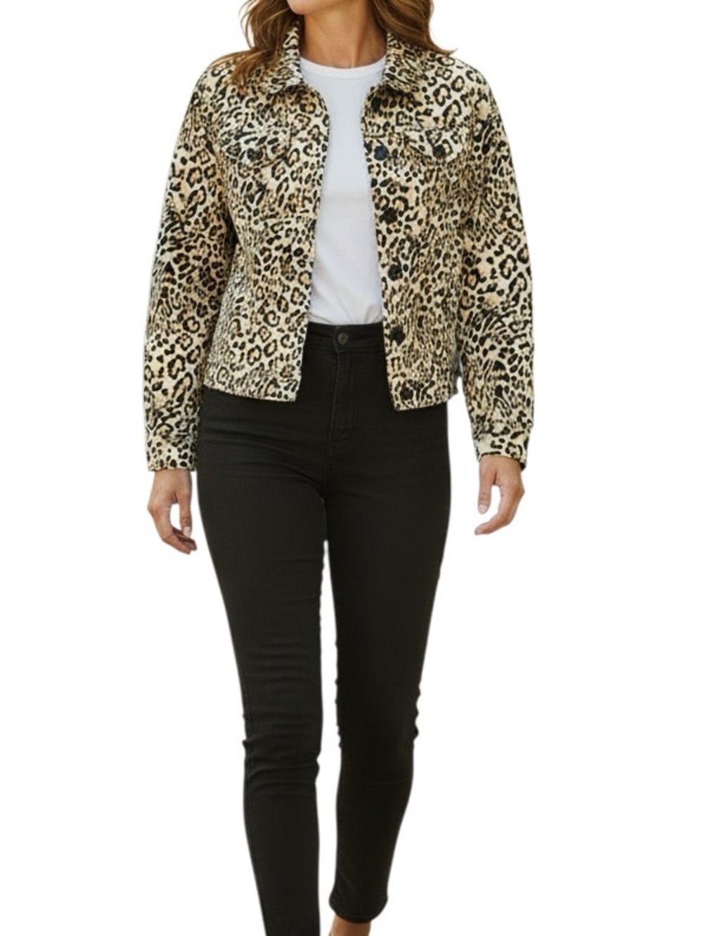 Chico's Leopard Print Denim Trucker Jacket Tan Cream Black Size 00P